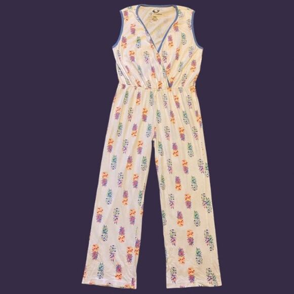 Y2K White/Multicolor Pineapple Print Sleeveless Jumpsuit Pajamas (M) - Picture 1 of 9